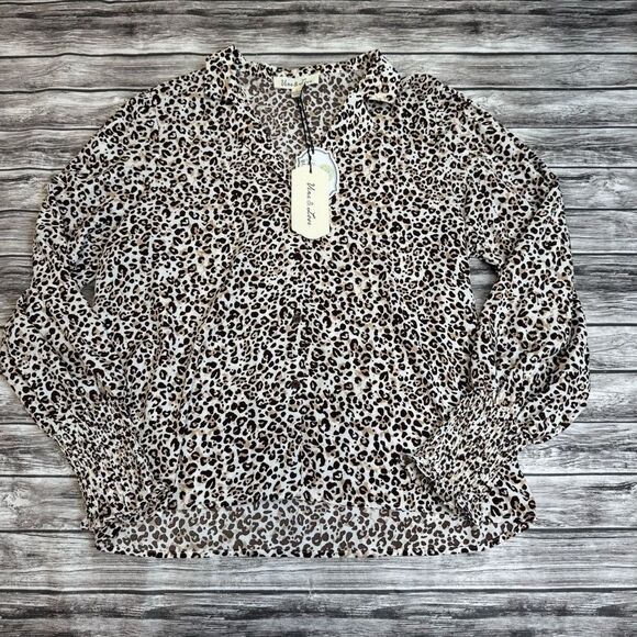 Vine & Love Women's Animal Print Collared Blouse L LG Large Cream Brown Cheetah - Picture 14 of 15